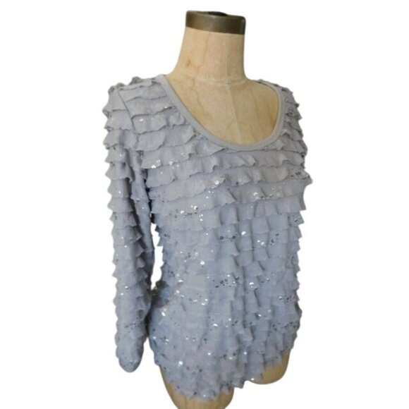 Slinky Brand Tops - Slinky Brand Size XS Gray Ruffle Sequin STRETCH 3/4 Sleeve Top Blouse